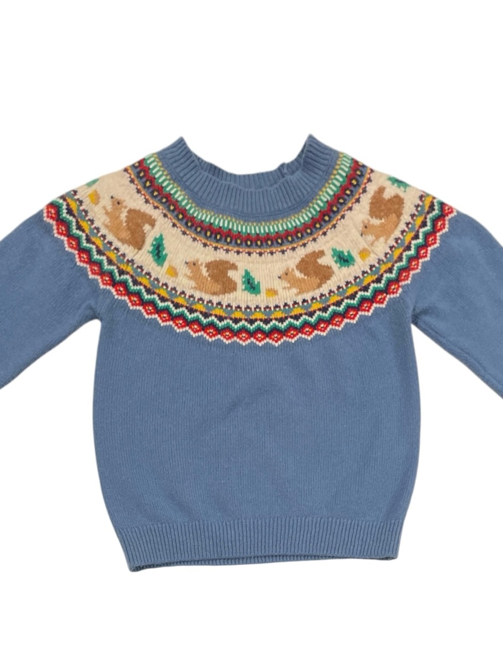 Mini Boden Squirrel Fair Isle Jumper Sweater Blue Long Sleeve 4/5y